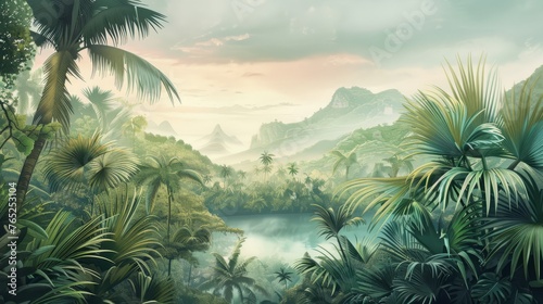 Beautiful tropical landscape with palm trees and tropical leaves wallpaper. Hand Drawn Design. Luxury Wall Mural  