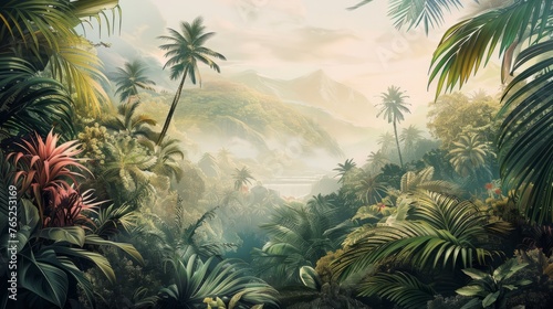 Beautiful tropical landscape with palm trees and tropical leaves wallpaper. Hand Drawn Design. Luxury Wall Mural   © Fatih