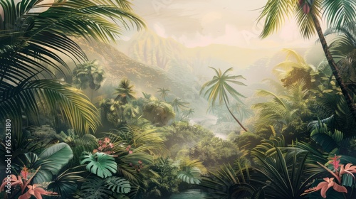 Beautiful tropical landscape with palm trees and tropical leaves wallpaper. Hand Drawn Design. Luxury Wall Mural