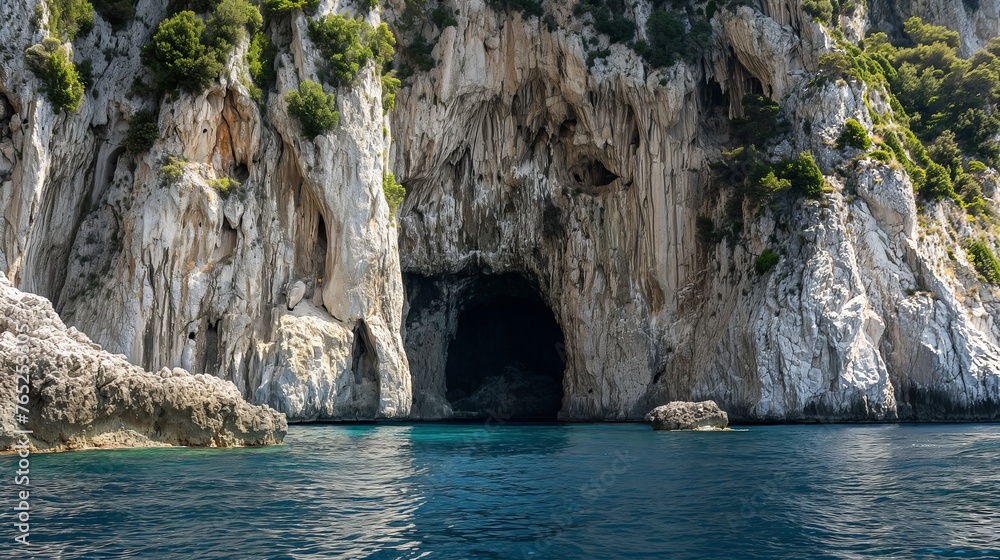 Discover a cave entrance in the ocean depths, nestled in the clear waters