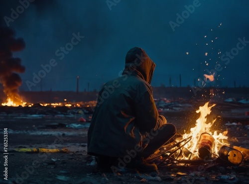 Homeless man sitting by the fire