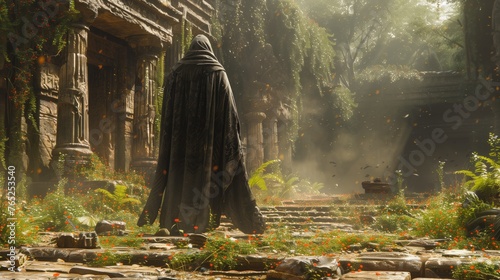 A man in a black cloak stands in a lush green field. The scene is set in a fantasy world, with a sense of mystery and adventure. The man is a powerful figure, possibly a warrior or a sorcerer