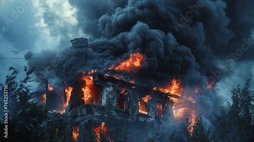 Flames engulf a crumbling building sending clouds of dark smoke billowing into the sky.