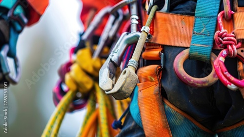 Close up a worker full equipment fall arrest device safety belt hooks. AI generated image photo