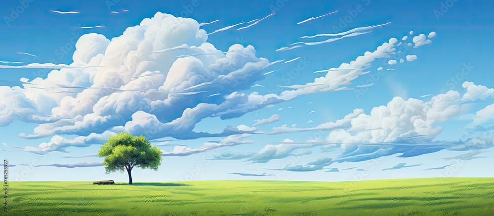Fototapeta premium Create an artwork depicting a solitary tree standing in a vast field with fluffy clouds scattered across the sky