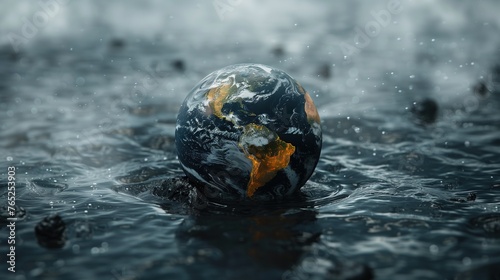 Earth Model Floating in Dark Ocean: Climate Change Awareness Concept