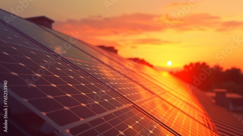 A row of solar panels on the rooftop of a building illuminated by the bright orange glow of the sunset. . AI generation.
