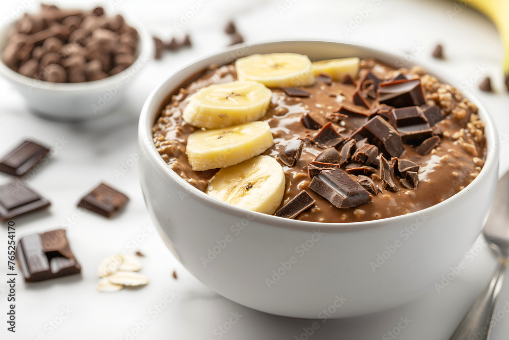 Obraz premium Close-Up Thick And Creamy Banana Overnight Oats Blended With Chocolate In Home Interior, Breakfast Photography, Food Menu Style Photo Image