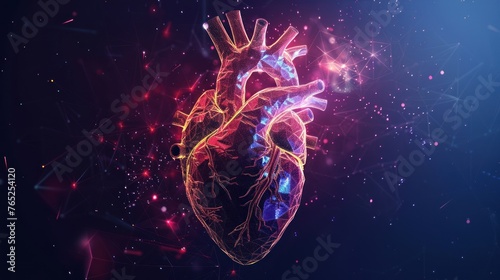 Human anatomy heart shape neon glowing light low poly style infographic. AI generated image © saifur