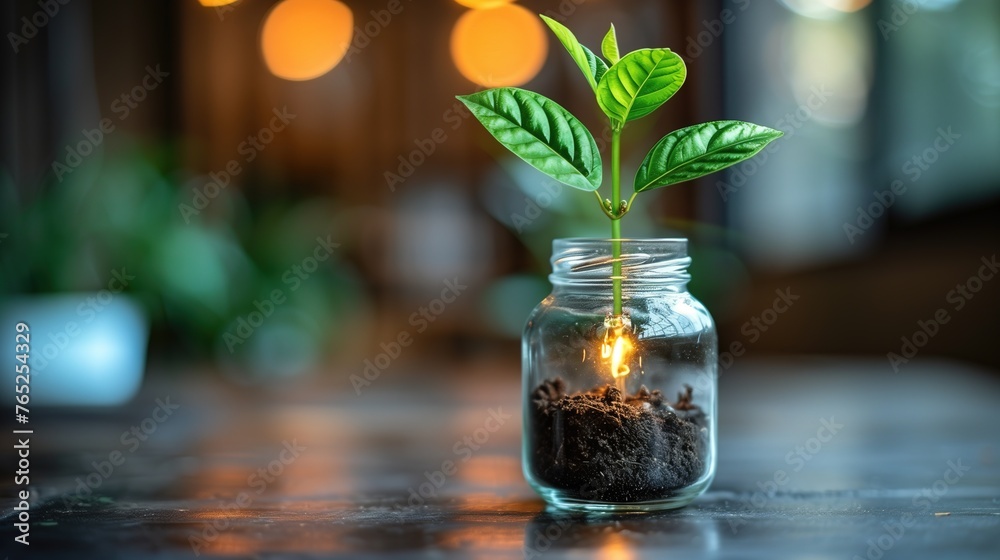 Green Energy Awareness: Plant Growing from Glass Jar Concept Green Energy Awareness: Plant Growing from Glass Jar Concept
