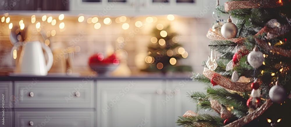 Capture the close-up of a kitchen's Christmas tree beautifully decorated with assorted ornaments