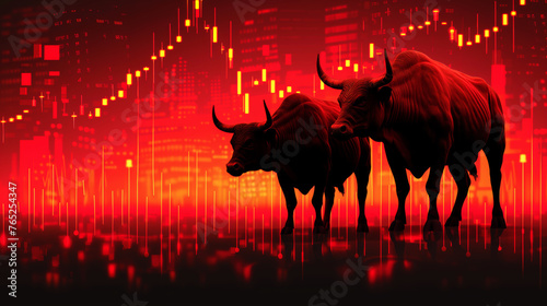 bull market stock trading concept, two bulls stand in front of an increasing stock graph