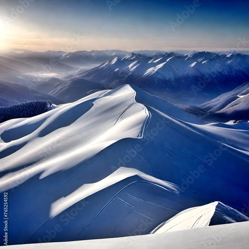 Snow Forest Mountain Tree Landscape Winter vacation. A serene winter landscape with a snow covered forest and mountain range, gleaming peaks, snow laden slopes