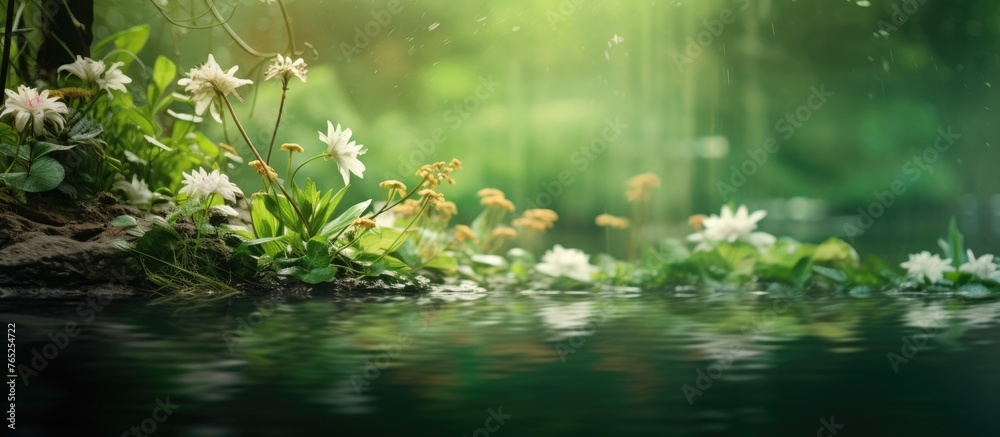 Naklejka premium The forest is filled with a variety of flowers growing in the water, showcasing the beauty of aquatic plants in their natural landscape