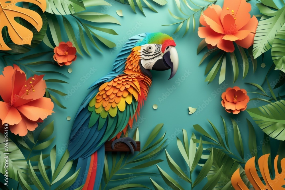 Fototapeta premium Colorful paper cut tropical birds, minimalist background