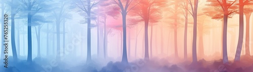 Minimalist paper cut forest in fog, serene, colorful