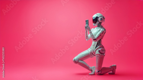 robot making photo with phone, she is half robot half human, isolated on pink background, copy space