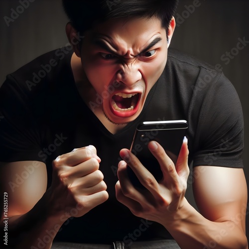 Wallpaper Mural An enraged Asian male glaring at his smartphone, frustrated by a malfunction, error, slow performance, scam, gambling loss, or other issues. Torontodigital.ca
