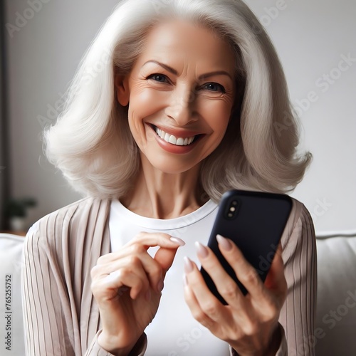 Wallpaper Mural 스마트폰을 손에 들고 미소짓는 노년 여성 Torontodigital.ca