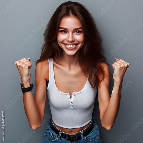 Wallpaper Mural 단색 배경 앞에 서서 자신감 있는 표정으로 두 주먹을 불끈 쥐며 긍정의 미소를 짓는 젊은 여성 Torontodigital.ca