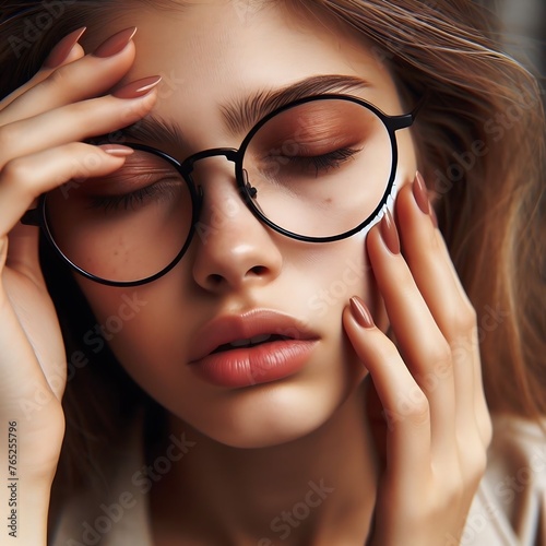 Wallpaper Mural 두통, 골치아픈 일, 고민거리가 있어 얼굴을 찌푸리며 한 손으로 머리를 잡은 안경을 쓴 여성 클로즈업 사진 Torontodigital.ca