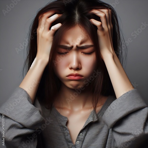 Wallpaper Mural 두통, 골치아픈 일, 고민거리가 있어 얼굴을 찌푸리며 두 손으로 머리를 잡은 동양 여성 사진 Torontodigital.ca