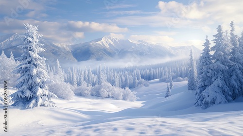 Enchanting snowy landscape with pristine snow-covered trees and mountains
