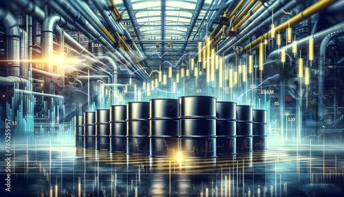 The image shows an array of black barrels in an industrial setting overlaid with digital stock market graphs, combining elements of energy and finance.