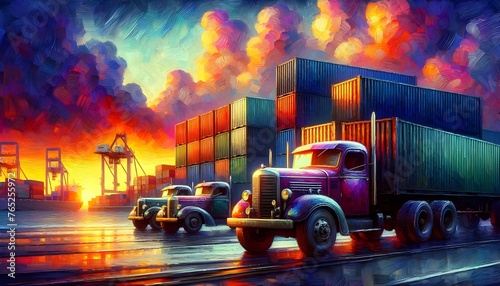This image portrays a colorful, vivid scene of vintage trucks loaded with shipping containers at a dockyard at sunset, with a dramatic, painted sky in the background.