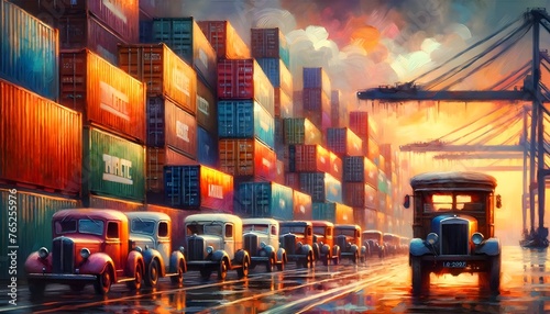 The image shows a line of vintage trucks driving through a container terminal at sunset, with stacked colorful shipping containers and a warm, illuminated sky.