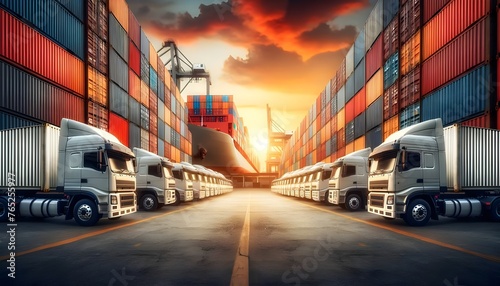A symmetrical view of modern semi-trucks lined up between towering stacks of colorful shipping containers in a container terminal at sunset.

