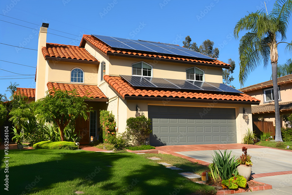 Modern Solar Panels Installed On A Los Angeles Home Under Clear Blue Sunny Sky, Solar Photography, Solar Powered Clean Energy, Sustainable Resources, Electricity Source