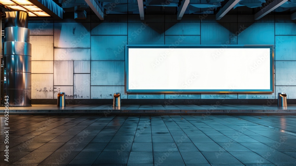 Blank white billboard on office building wall at night Blank white billboard on office building wall at night