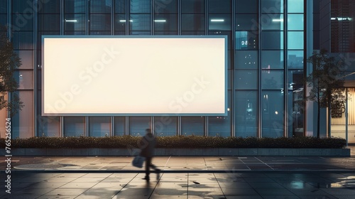 Blank white billboard on office building wall at night