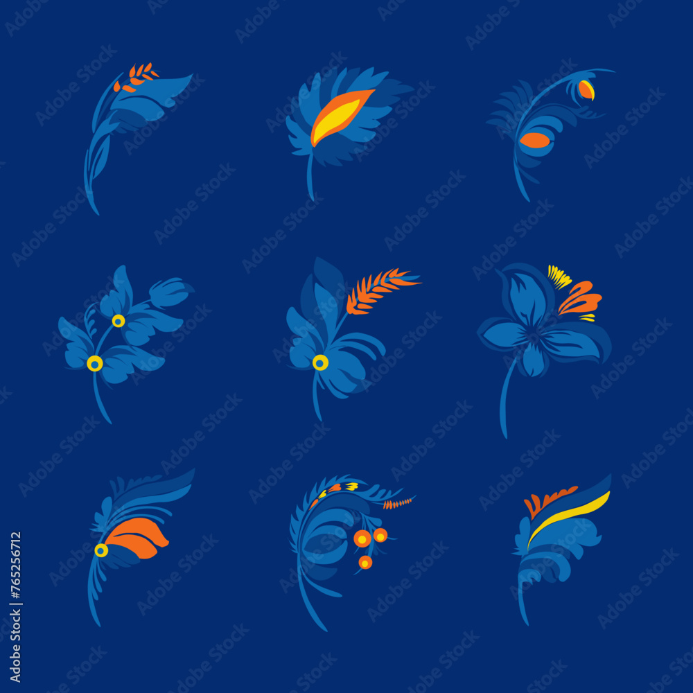 Fototapeta premium Flower logo. Traditional Ukrainian painting of Petrykivka. Elements of blue and yellow floral ornament. Decorative vector illustration.