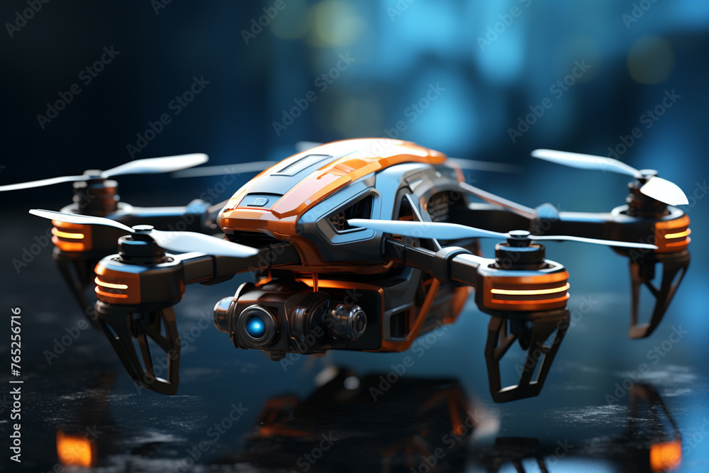 3D rendering of a drone flying in the mountains with a blurred background