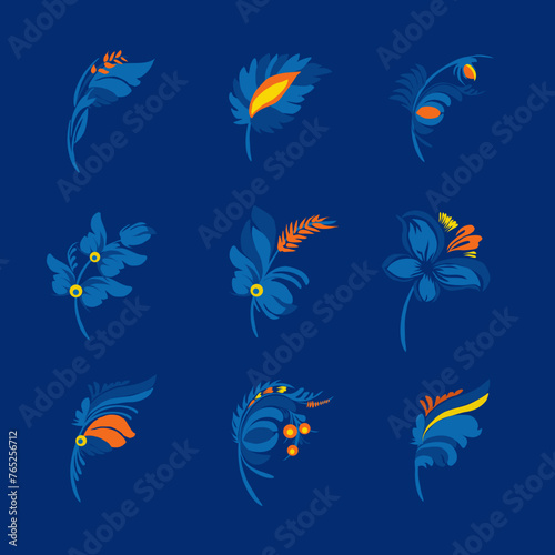 Flower logo. Traditional Ukrainian painting of Petrykivka. Elements of blue and yellow floral ornament. Decorative vector illustration.