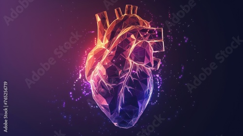 Human anatomy heart shape neon glowing light low poly style infographic. AI generated image