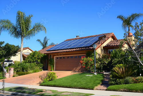 Modern Solar Panels Installed On A San Diego Home Under Clear Blue Sunny Sky, Solar Photography, Solar Powered Clean Energy, Sustainable Resources, Electricity Source