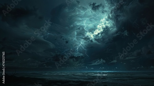 White Lightning strike on the dark cloudy sky landscape. AI generated image © saifur
