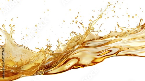 Macro detail view golden oil splash isolated white background. AI generated image