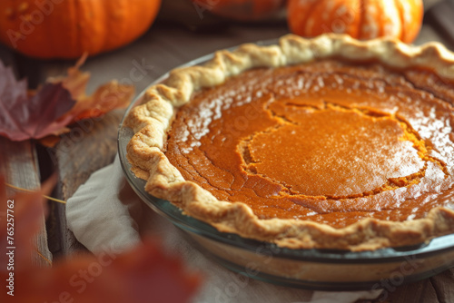 Homemade Pumpkin Pie on Wooden Table, Quintessential Thanksgiving Dessert © KirKam
