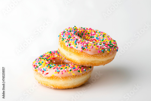 Close-Up Rainbow Sprinkled Donuts On A Plain White Background  Bakery Photography  Food Menu Style Photo Image