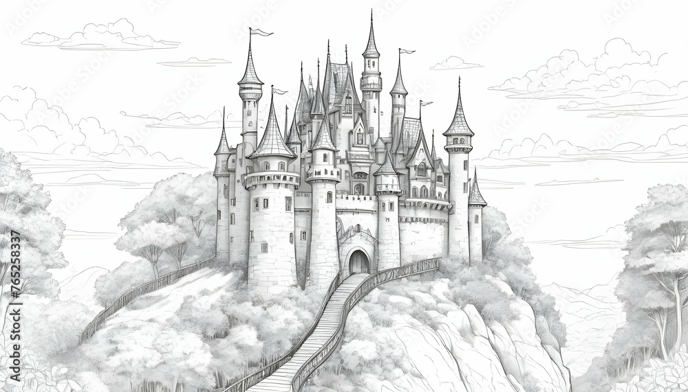 Whimsical Fairy Tale Castle On A Hill Black And W Upscaled 3