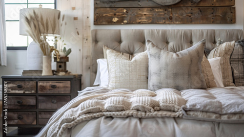A loft bedroom transformed into a calming oasis with a light color palette a plush upholstered headboard and a mix of textures like . AI generation.