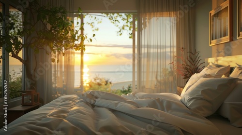 Portrait bedroom with white pillows in sunrise. AI generated image