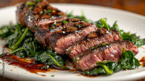 A white plate showcasing a grilled steak topped with fresh greens, creating a visually appealing and appetizing meal.