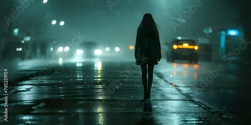 A Woman Walks Alone in the Rain on a Dark Grungy Street at Night, Resembling a Scene from a Thriller. Concept Dark Streets, Rain Photography, Alone and Mysterious, Thriller Movie Scene photo