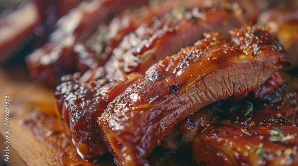 A wooden cutting board holding juicy ribs slathered in tangy BBQ sauce, ready to be enjoyed. A wooden cutting board holding juicy ribs slathered in tangy BBQ sauce, ready to be enjoyed.