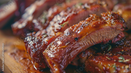A wooden cutting board holding juicy ribs slathered in tangy BBQ sauce, ready to be enjoyed.